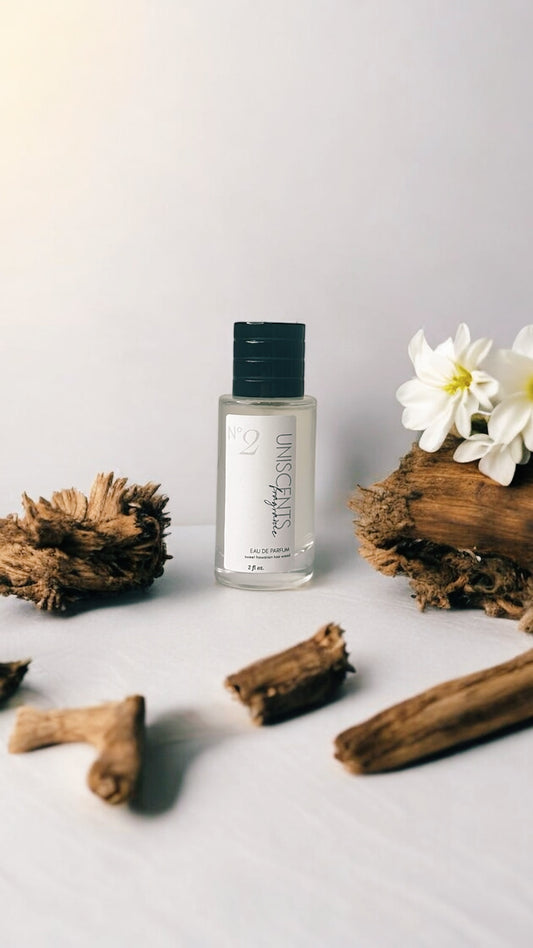 A bottle of fragrance with a simple design, predominantly clear with a black cap, labeled with the brand 'Uniscent' and the product number '2'.