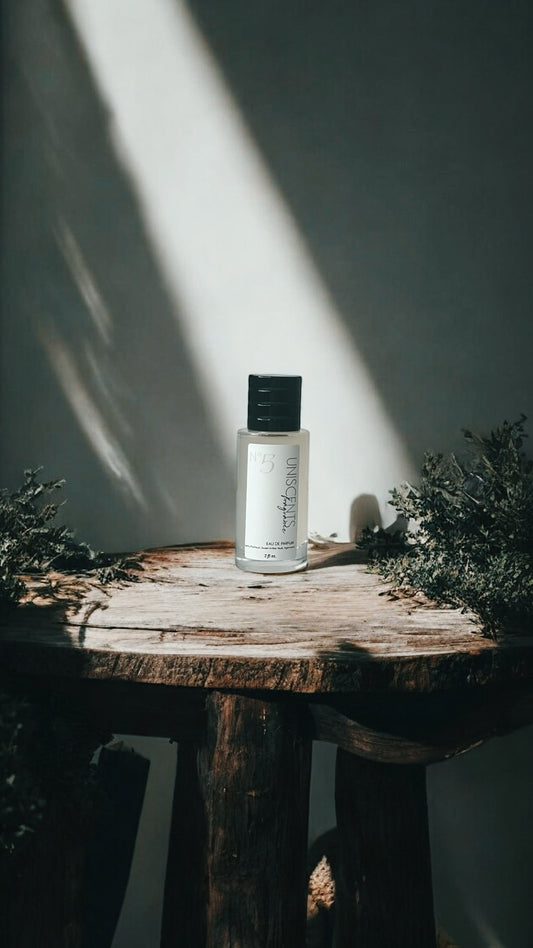 A bottle of fragrance with the label 'No. 5' written on it, placed on a surface with a shadow falling across it.