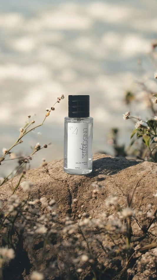 A bottle of fragrance labeled 'No. 4' with a clear liquid visible inside, placed on a surface with a shadow falling across it.