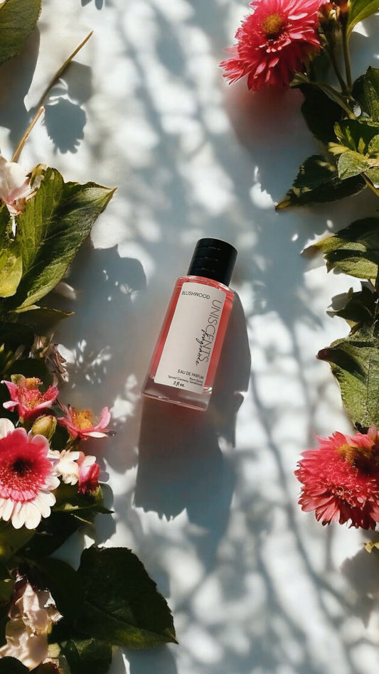 A bottle of perfume with a pink hue and a black cap, surrounded by petals on a marble surface.