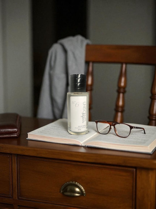 Bottle of cologne, glasses, and open book on a wooden surface with a chair in the background.